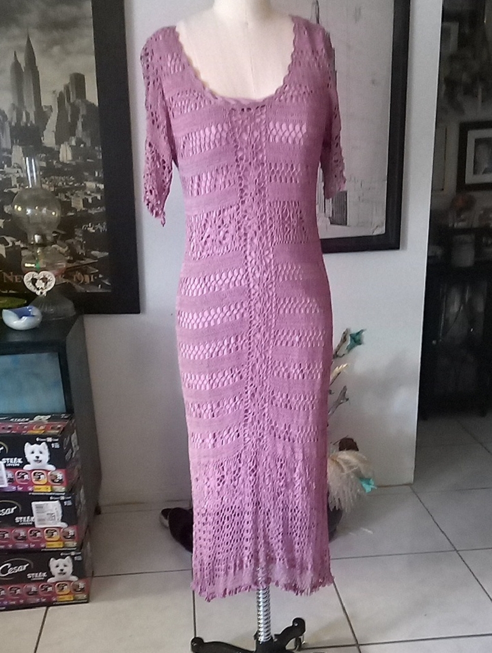 Vintage Bohemian Crochet Maxi Dress in Dusty Mauve Fits Like A Medium 8 Or 10